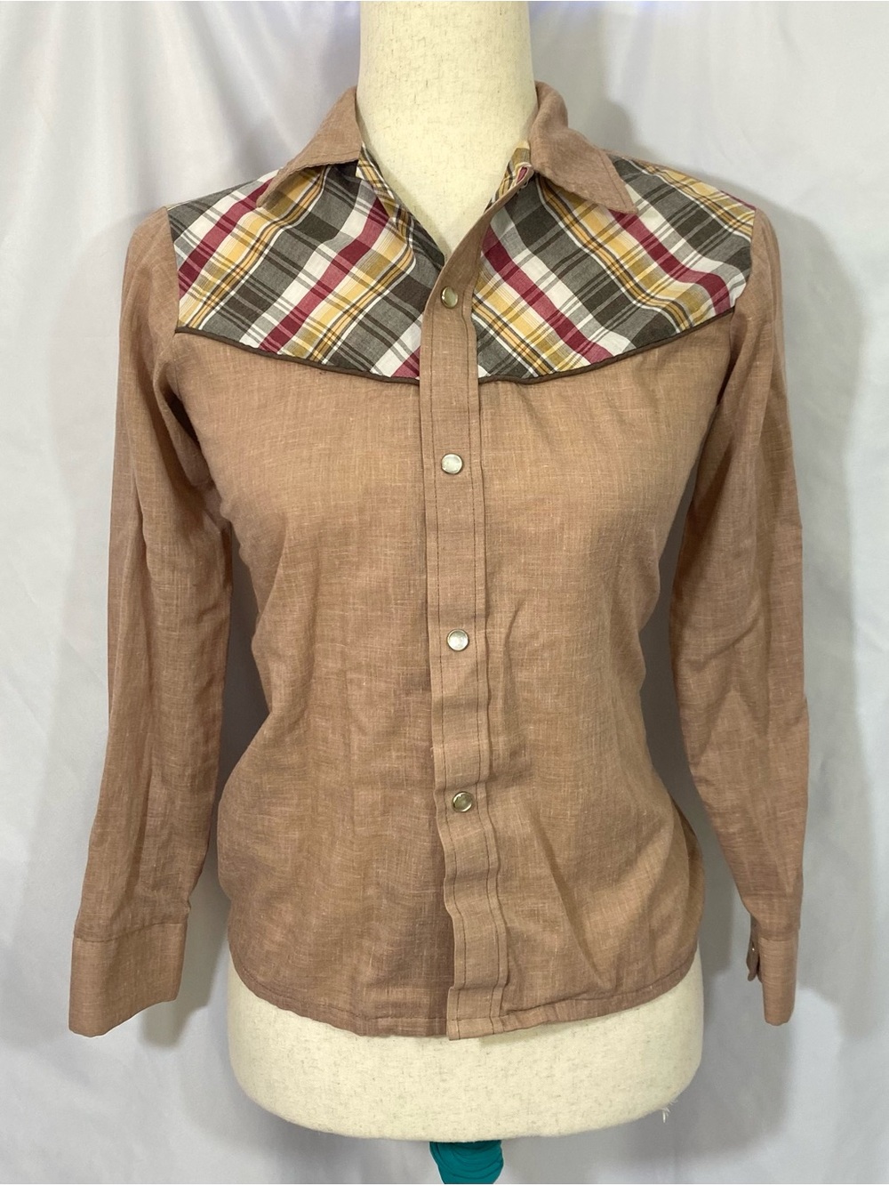 Boy’s Vintage Sears Plaid Yoke Brown Western Shirt Size 12
